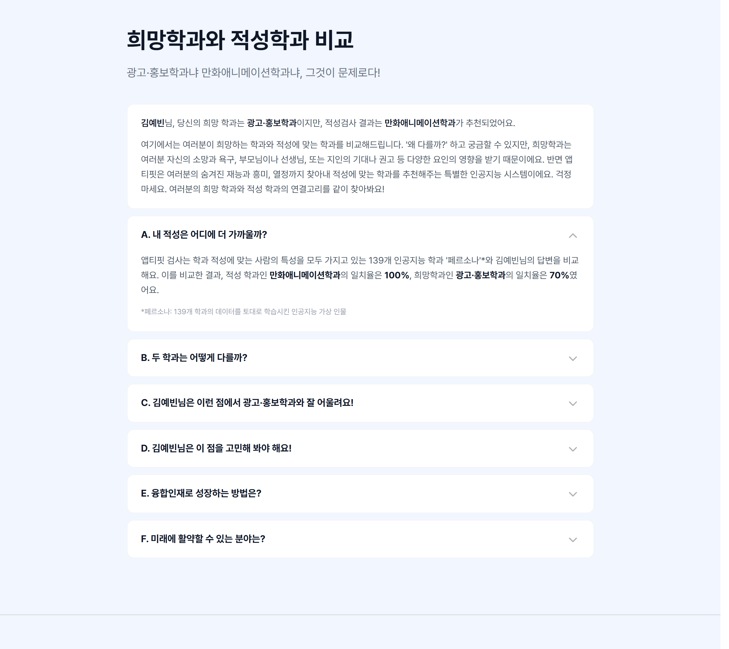 발표 슬라이드 42 · 04 희망학과와 적성학과 비교 — 학과별 적성 적합도, 두 학과의 차이, 융합인재 가능성, 미래에 활약할 분야 제안.