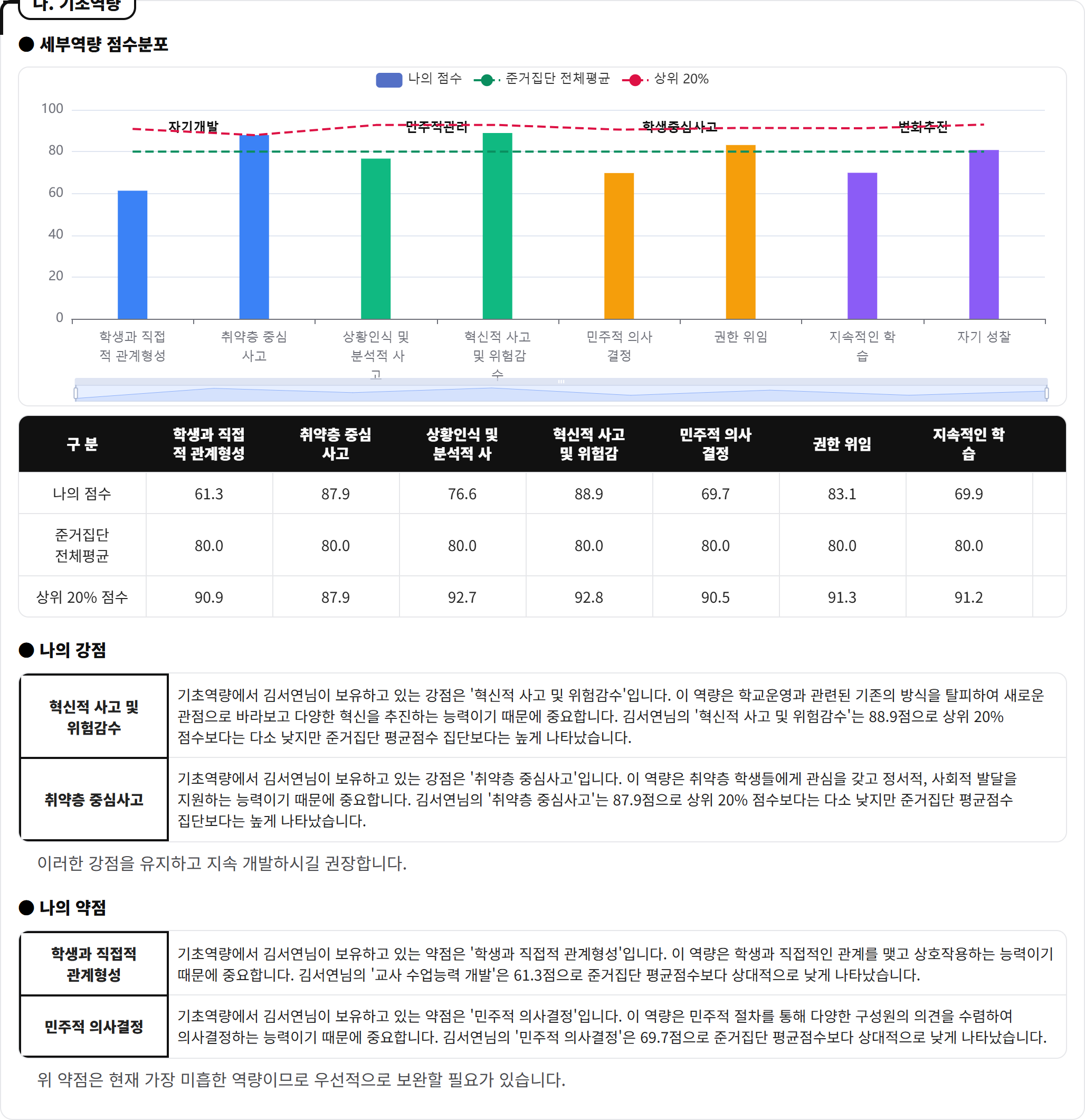 기초역량·직무역량 영역은 동일 구조 — 상위역량 레이더 / 세부역량 분포 / 강점·약점 / 수준 분석