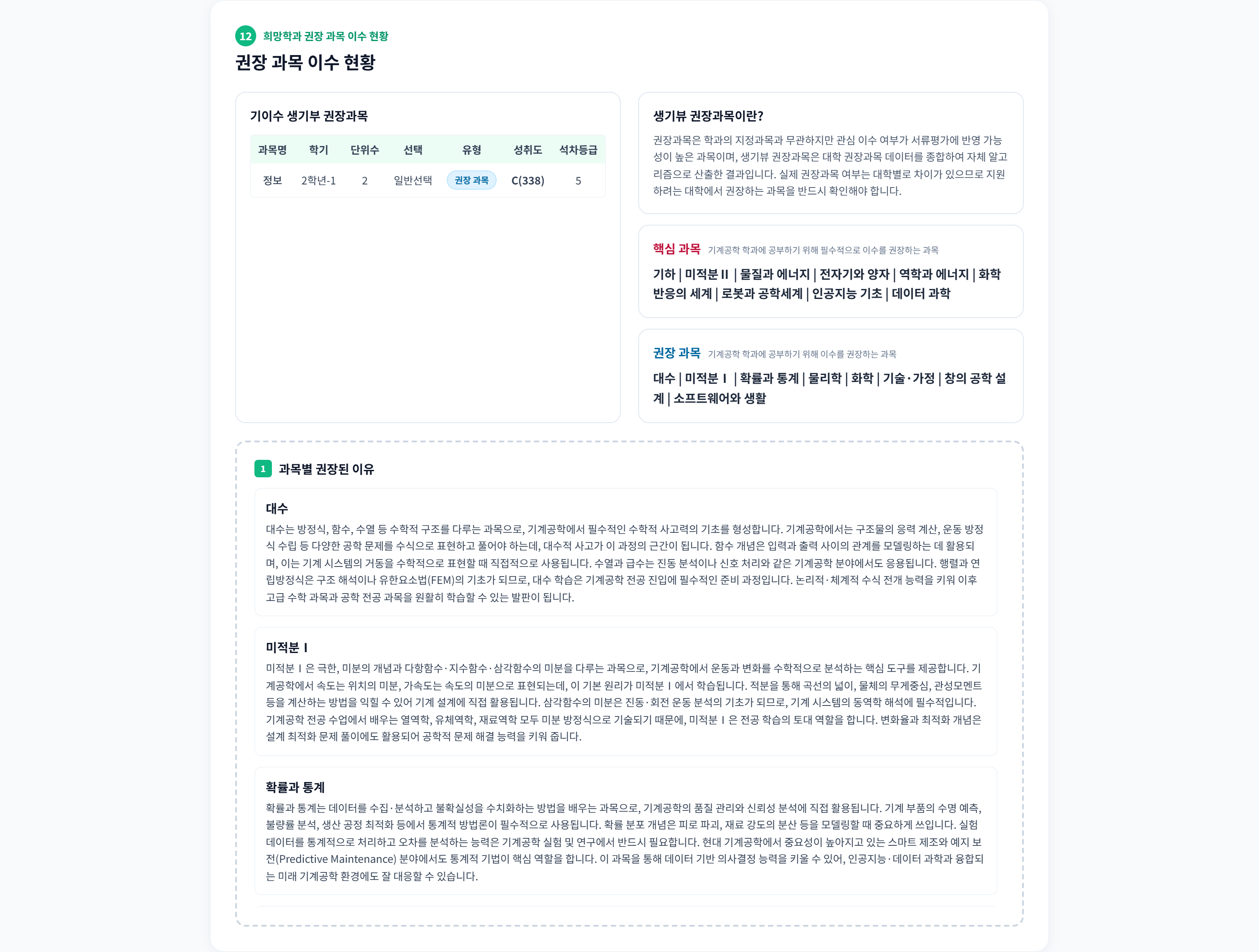 섹션 12 · 권장 과목 이수 현황. 기계공학의 핵심 과목 9개·권장 과목 8개와 기이수 과목을 표로 두고, 아래에 '과목별 권장된 이유'를 대수·미적분 I·확률과 통계 순으로 길게 서술한다.