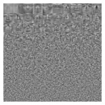 U의 앞 100개 열을 10×10으로 붙인 고유얼굴 격자. 음수는 검은색, 양수는 밝은색이다. 위쪽 두세 줄에만 얼굴 구조가 남고 특이값이 작아지는 아래쪽은 거의 노이즈다.